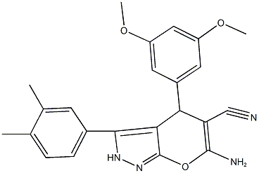 6-amino-4-(3,5-dimethoxyphenyl)-3-(3,4-dimethylphenyl)-2,4-dihydropyrano[2,3-c]pyrazole-5-carbonitrile Struktur