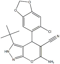 6-amino-3-tert-butyl-4-(6-chloro-1,3-benzodioxol-5-yl)-2,4-dihydropyrano[2,3-c]pyrazole-5-carbonitrile Struktur