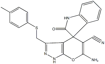 6'-amino-3'-{[(4-methylphenyl)sulfanyl]methyl}-1,1',3,4'-tetrahydro-2-oxospiro(2H-indole-3,4'-pyrano[2,3-c]pyrazole)-5'-carbonitrile Struktur