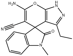 6'-amino-3'-ethyl-1-methyl-1,2',3,4'-tetrahydro-2-oxospiro(2H-indole-3,4'-pyrano[2,3-c]pyrazole)-5'-carbonitrile Struktur