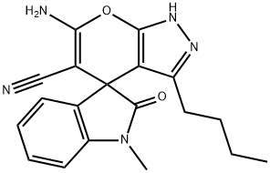 6'-amino-3'-butyl-1-methyl-1,1',3,4'-tetrahydro-2-oxospiro(2H-indole-3,4'-pyrano[2,3-c]pyrazole)-5'-carbonitrile Struktur