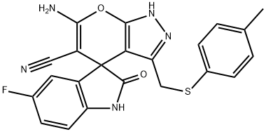 6'-amino-5-fluoro-3'-{[(4-methylphenyl)sulfanyl]methyl}-1,1',3,4'-tetrahydro-2-oxospiro(2H-indole-3,4'-pyrano[2,3-c]pyrazole)-5'-carbonitrile Struktur