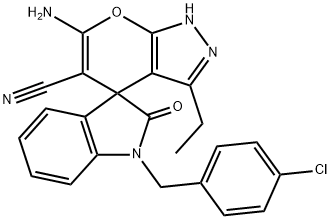 6'-amino-1-(4-chlorobenzyl)-3'-ethyl-1,2',3,4'-tetrahydro-2-oxospiro(2H-indole-3,4'-pyrano[2,3-c]pyrazole)-5'-carbonitrile Struktur