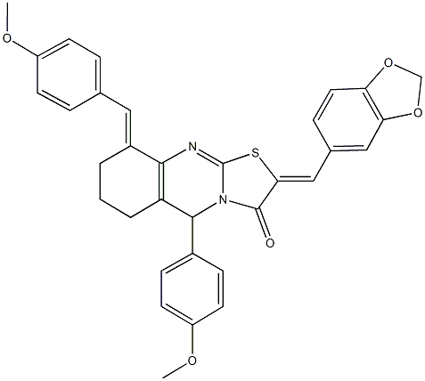 2-(1,3-benzodioxol-5-ylmethylene)-9-(4-methoxybenzylidene)-5-(4-methoxyphenyl)-6,7,8,9-tetrahydro-5H-[1,3]thiazolo[2,3-b]quinazolin-3(2H)-one Struktur