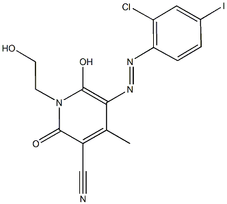 5-[(2-chloro-4-iodophenyl)diazenyl]-6-hydroxy-1-(2-hydroxyethyl)-4-methyl-2-oxo-1,2-dihydro-3-pyridinecarbonitrile Struktur