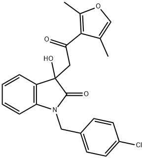 1-(4-chlorobenzyl)-3-[2-(2,4-dimethyl-3-furyl)-2-oxoethyl]-3-hydroxy-1,3-dihydro-2H-indol-2-one Struktur