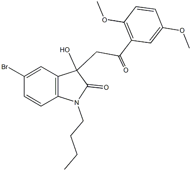 5-bromo-1-butyl-3-[2-(2,5-dimethoxyphenyl)-2-oxoethyl]-3-hydroxy-1,3-dihydro-2H-indol-2-one Struktur