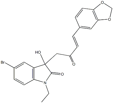 3-[4-(1,3-benzodioxol-5-yl)-2-oxo-3-butenyl]-5-bromo-1-ethyl-3-hydroxy-1,3-dihydro-2H-indol-2-one Struktur