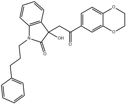 3-[2-(2,3-dihydro-1,4-benzodioxin-6-yl)-2-oxoethyl]-3-hydroxy-1-(3-phenylpropyl)-1,3-dihydro-2H-indol-2-one Struktur