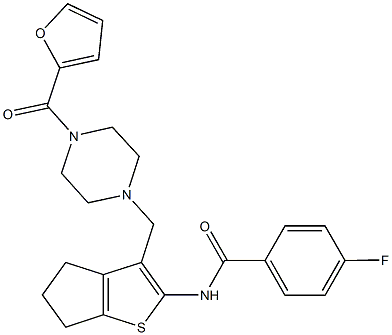 4-fluoro-N-(3-{[4-(2-furoyl)-1-piperazinyl]methyl}-5,6-dihydro-4H-cyclopenta[b]thien-2-yl)benzamide Struktur