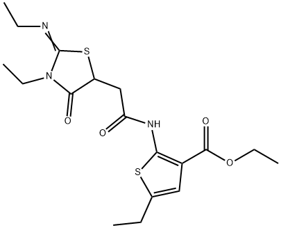 ethyl 5-ethyl-2-({[3-ethyl-2-(ethylimino)-4-oxo-1,3-thiazolidin-5-yl]acetyl}amino)-3-thiophenecarboxylate Struktur