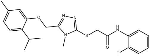 N-(2-fluorophenyl)-2-({5-[(2-isopropyl-5-methylphenoxy)methyl]-4-methyl-4H-1,2,4-triazol-3-yl}sulfanyl)acetamide Struktur