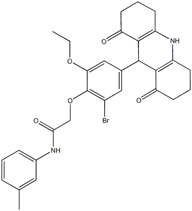 2-[2-bromo-4-(1,8-dioxo-1,2,3,4,5,6,7,8,9,10-decahydro-9-acridinyl)-6-ethoxyphenoxy]-N-(3-methylphenyl)acetamide Struktur