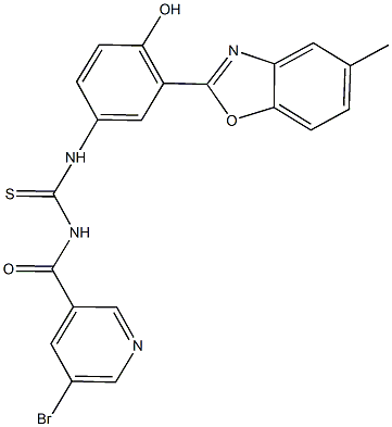 N-[(5-bromo-3-pyridinyl)carbonyl]-N'-[4-hydroxy-3-(5-methyl-1,3-benzoxazol-2-yl)phenyl]thiourea Struktur