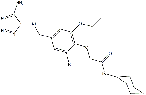 2-(4-{[(5-amino-1H-tetraazol-1-yl)amino]methyl}-2-bromo-6-ethoxyphenoxy)-N-cyclohexylacetamide Struktur