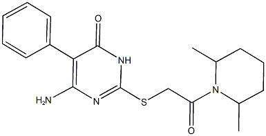 6-amino-2-{[2-(2,6-dimethyl-1-piperidinyl)-2-oxoethyl]sulfanyl}-5-phenyl-4(3H)-pyrimidinone Struktur