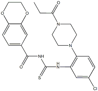 N-[5-chloro-2-(4-propionyl-1-piperazinyl)phenyl]-N'-(2,3-dihydro-1,4-benzodioxin-6-ylcarbonyl)thiourea Struktur