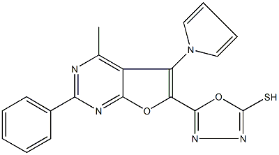 5-[4-methyl-2-phenyl-5-(1H-pyrrol-1-yl)furo[2,3-d]pyrimidin-6-yl]-1,3,4-oxadiazol-2-yl hydrosulfide Struktur