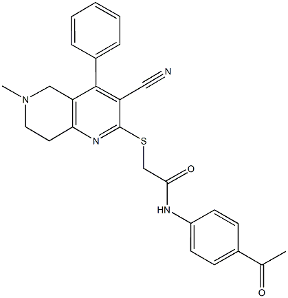 N-(4-acetylphenyl)-2-[(3-cyano-6-methyl-4-phenyl-5,6,7,8-tetrahydro[1,6]naphthyridin-2-yl)sulfanyl]acetamide Struktur