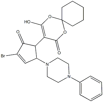 3-[3-bromo-2-oxo-5-(4-phenyl-1-piperazinyl)-3-cyclopenten-1-yl]-4-hydroxy-1,5-dioxaspiro[5.5]undec-3-en-2-one Struktur