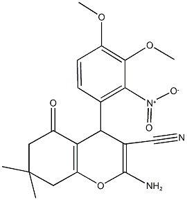 2-amino-4-{2-nitro-3,4-dimethoxyphenyl}-7,7-dimethyl-5-oxo-5,6,7,8-tetrahydro-4H-chromene-3-carbonitrile Struktur