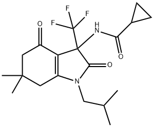 N-[1-isobutyl-6,6-dimethyl-2,4-dioxo-3-(trifluoromethyl)-2,3,4,5,6,7-hexahydro-1H-indol-3-yl]cyclopropanecarboxamide Struktur