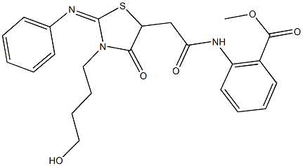 methyl 2-({[3-(4-hydroxybutyl)-4-oxo-2-(phenylimino)-1,3-thiazolidin-5-yl]acetyl}amino)benzoate Struktur