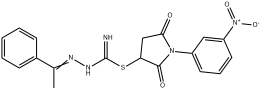 1-{3-nitrophenyl}-2,5-dioxo-3-pyrrolidinyl 2-(1-phenylethylidene)hydrazinecarbimidothioate Struktur