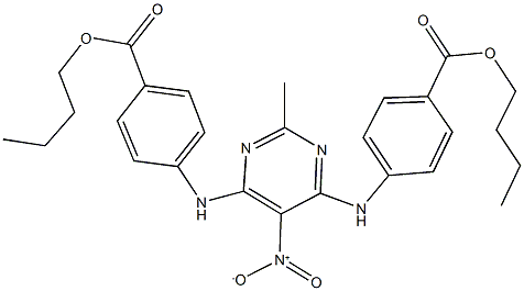 butyl 4-({6-[4-(butoxycarbonyl)anilino]-5-nitro-2-methyl-4-pyrimidinyl}amino)benzoate Struktur