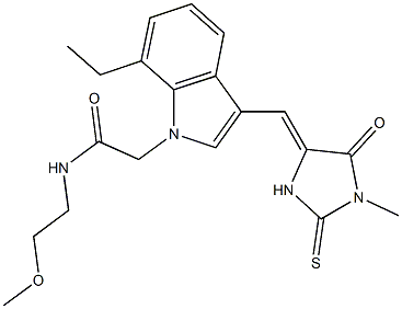 2-{7-ethyl-3-[(1-methyl-5-oxo-2-thioxo-4-imidazolidinylidene)methyl]-1H-indol-1-yl}-N-(2-methoxyethyl)acetamide Struktur