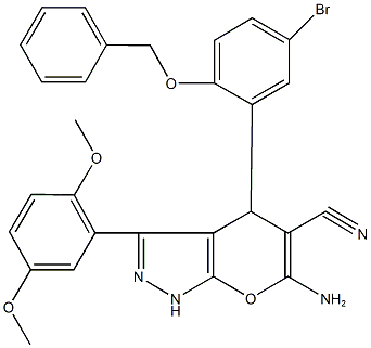 6-amino-4-[2-(benzyloxy)-5-bromophenyl]-3-(2,5-dimethoxyphenyl)-1,4-dihydropyrano[2,3-c]pyrazole-5-carbonitrile Struktur