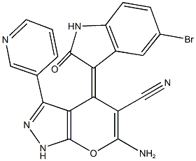 6-amino-4-(5-bromo-2-oxo-1,2-dihydro-3H-indol-3-ylidene)-3-(3-pyridinyl)-1,4-dihydropyrano[2,3-c]pyrazole-5-carbonitrile Struktur