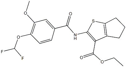 ethyl 2-{[4-(difluoromethoxy)-3-methoxybenzoyl]amino}-5,6-dihydro-4H-cyclopenta[b]thiophene-3-carboxylate Struktur