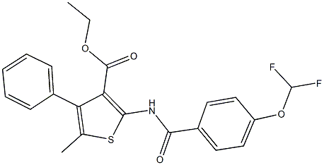 ethyl 2-{[4-(difluoromethoxy)benzoyl]amino}-5-methyl-4-phenyl-3-thiophenecarboxylate Struktur