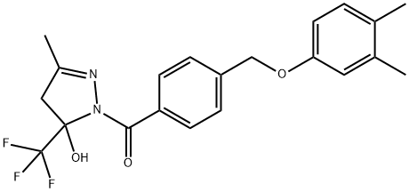 1-{4-[(3,4-dimethylphenoxy)methyl]benzoyl}-3-methyl-5-(trifluoromethyl)-4,5-dihydro-1H-pyrazol-5-ol Struktur