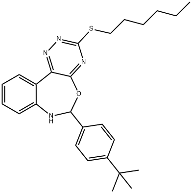 6-(4-tert-butylphenyl)-3-(hexylthio)-6,7-dihydro[1,2,4]triazino[5,6-d][3,1]benzoxazepine Struktur