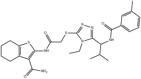 2-({[(4-ethyl-5-{2-methyl-1-[(3-methylbenzoyl)amino]propyl}-4H-1,2,4-triazol-3-yl)sulfanyl]acetyl}amino)-4,5,6,7-tetrahydro-1-benzothiophene-3-carboxamide Struktur