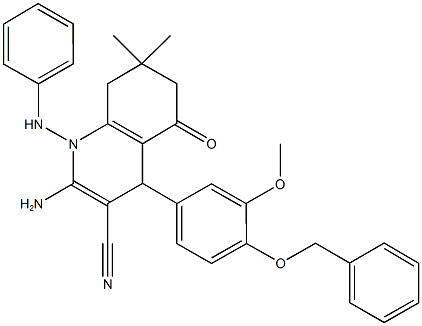 2-amino-1-anilino-4-[4-(benzyloxy)-3-methoxyphenyl]-7,7-dimethyl-5-oxo-1,4,5,6,7,8-hexahydro-3-quinolinecarbonitrile Struktur