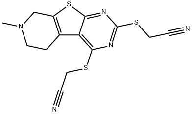 ({2-[(cyanomethyl)sulfanyl]-7-methyl-5,6,7,8-tetrahydropyrido[4',3':4,5]thieno[2,3-d]pyrimidin-4-yl}sulfanyl)acetonitrile Struktur