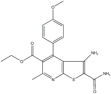 ethyl 3-amino-2-(aminocarbonyl)-4-(4-methoxyphenyl)-6-methylthieno[2,3-b]pyridine-5-carboxylate Struktur