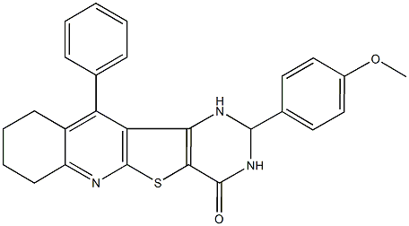 2-(4-methoxyphenyl)-11-phenyl-2,3,7,8,9,10-hexahydropyrimido[4',5':4,5]thieno[2,3-b]quinolin-4(1H)-one Struktur