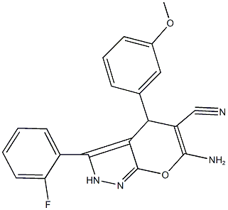 6-amino-3-(2-fluorophenyl)-4-(3-methoxyphenyl)-2,4-dihydropyrano[2,3-c]pyrazole-5-carbonitrile Struktur