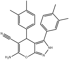 6-amino-3,4-bis(3,4-dimethylphenyl)-2,4-dihydropyrano[2,3-c]pyrazole-5-carbonitrile Struktur