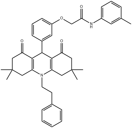 N-(3-methylphenyl)-2-{3-[3,3,6,6-tetramethyl-1,8-dioxo-10-(2-phenylethyl)-1,2,3,4,5,6,7,8,9,10-decahydro-9-acridinyl]phenoxy}acetamide Struktur