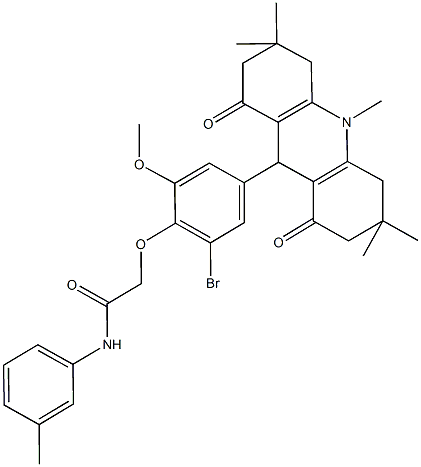 2-[2-bromo-6-methoxy-4-(3,3,6,6,10-pentamethyl-1,8-dioxo-1,2,3,4,5,6,7,8,9,10-decahydro-9-acridinyl)phenoxy]-N-(3-methylphenyl)acetamide Struktur