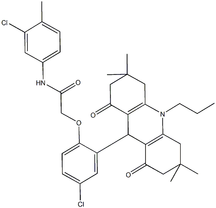 N-(3-chloro-4-methylphenyl)-2-[4-chloro-2-(3,3,6,6-tetramethyl-1,8-dioxo-10-propyl-1,2,3,4,5,6,7,8,9,10-decahydro-9-acridinyl)phenoxy]acetamide Struktur