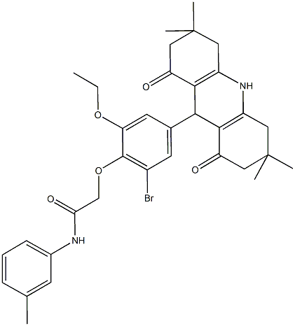 2-[2-bromo-6-ethoxy-4-(3,3,6,6-tetramethyl-1,8-dioxo-1,2,3,4,5,6,7,8,9,10-decahydro-9-acridinyl)phenoxy]-N-(3-methylphenyl)acetamide Struktur