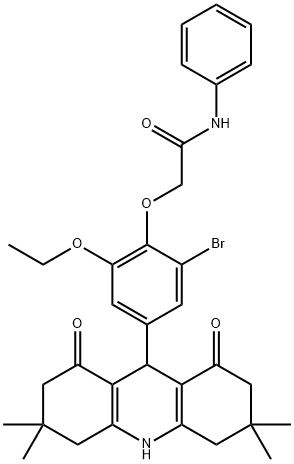 2-[2-bromo-6-ethoxy-4-(3,3,6,6-tetramethyl-1,8-dioxo-1,2,3,4,5,6,7,8,9,10-decahydro-9-acridinyl)phenoxy]-N-phenylacetamide Struktur