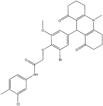 2-[2-bromo-6-methoxy-4-(10-methyl-1,8-dioxo-1,2,3,4,5,6,7,8,9,10-decahydro-9-acridinyl)phenoxy]-N-(3-chloro-4-methylphenyl)acetamide Struktur