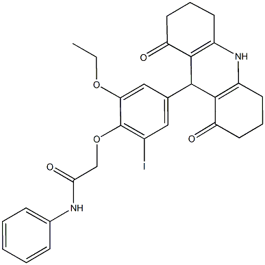 2-[4-(1,8-dioxo-1,2,3,4,5,6,7,8,9,10-decahydro-9-acridinyl)-2-ethoxy-6-iodophenoxy]-N-phenylacetamide Struktur